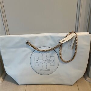 Tory Burch White Tote Bag with Gold Chain